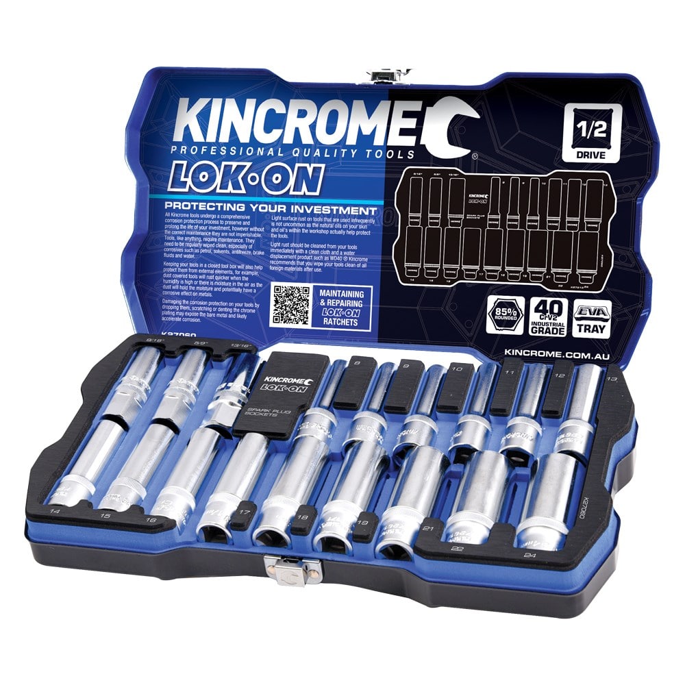 K27060 Kincrome LOKON™ Socket & Spark Plug Set 18 Piece 1/2″ Drive